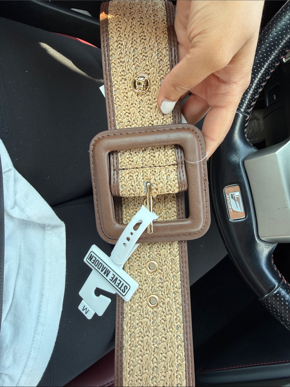 Steve Madden Tan Woven Belt with Brown Leather Square Buckle